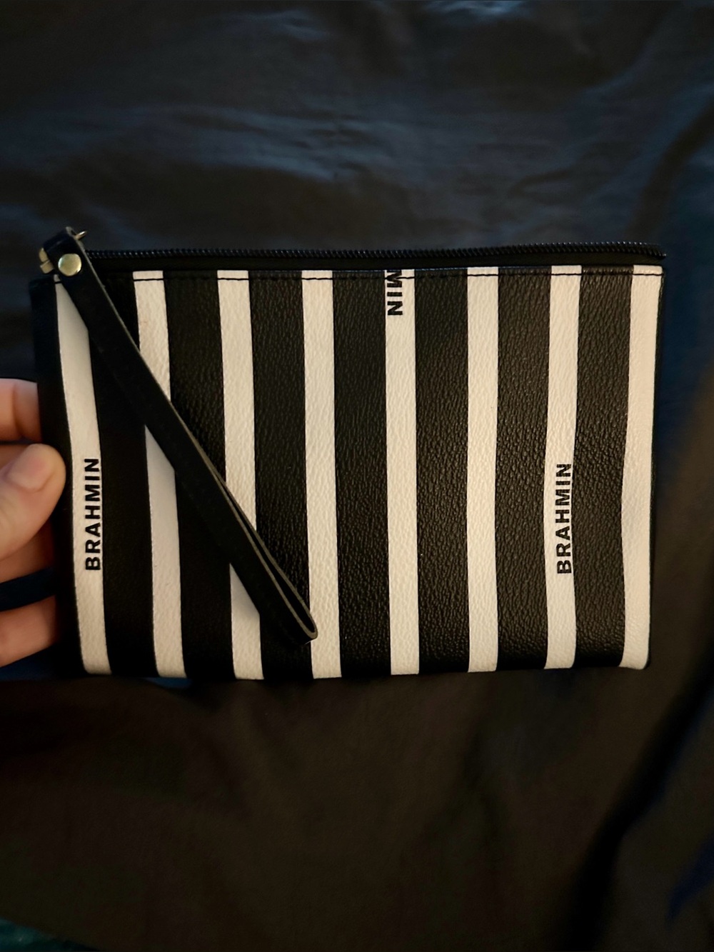 BRAHMIN Black and White Striped Wristlet Pouch NWOT